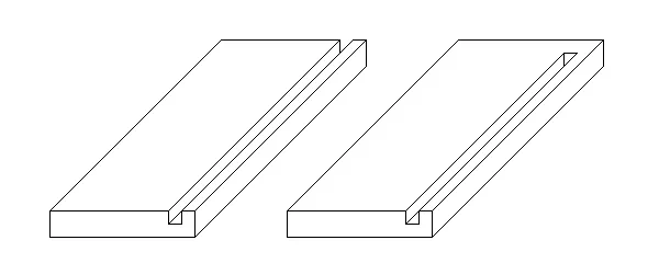 Close-up of a marked board cut to half thickness with depth gauge and chisel