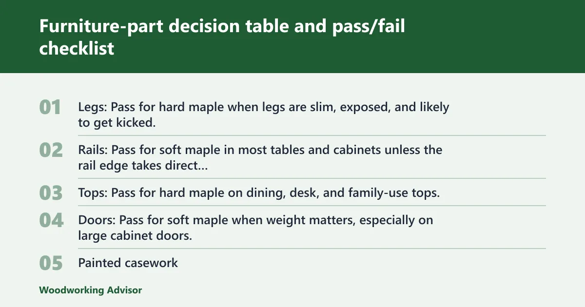 Steps: Furniture-part decision table and pass/fail checklist