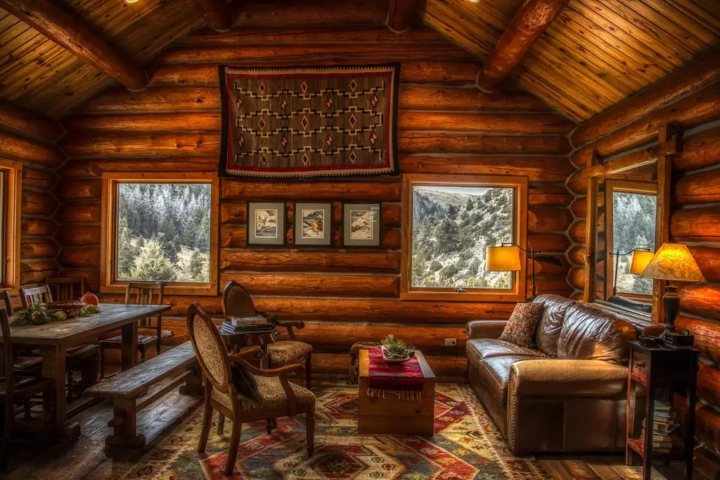 Log cabin exterior in autumn with people inspecting wood siding and stain supplies.