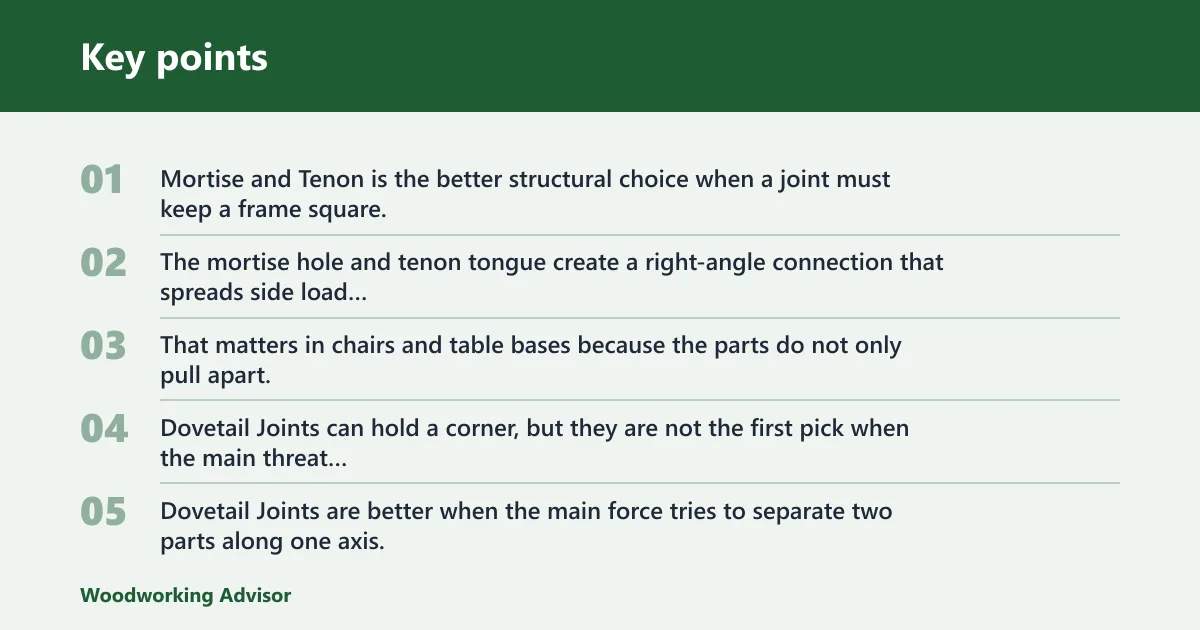 Key points: Mortise and tenon vs dovetail comparison table