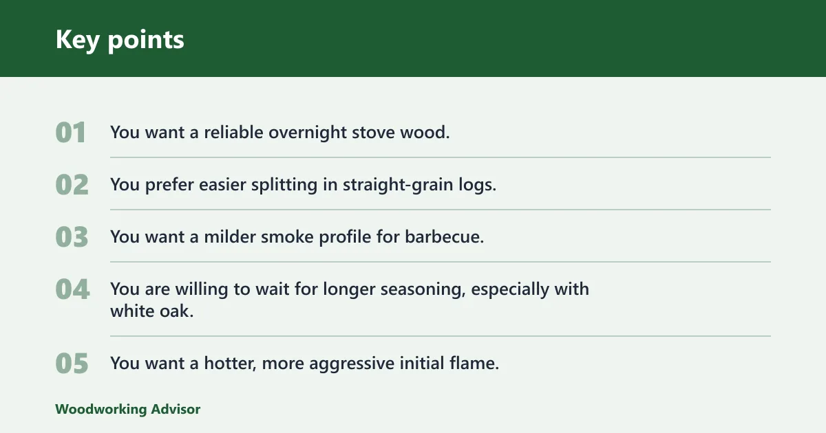 Key points: Choose Oak if… / Choose Hickory Firewood if…