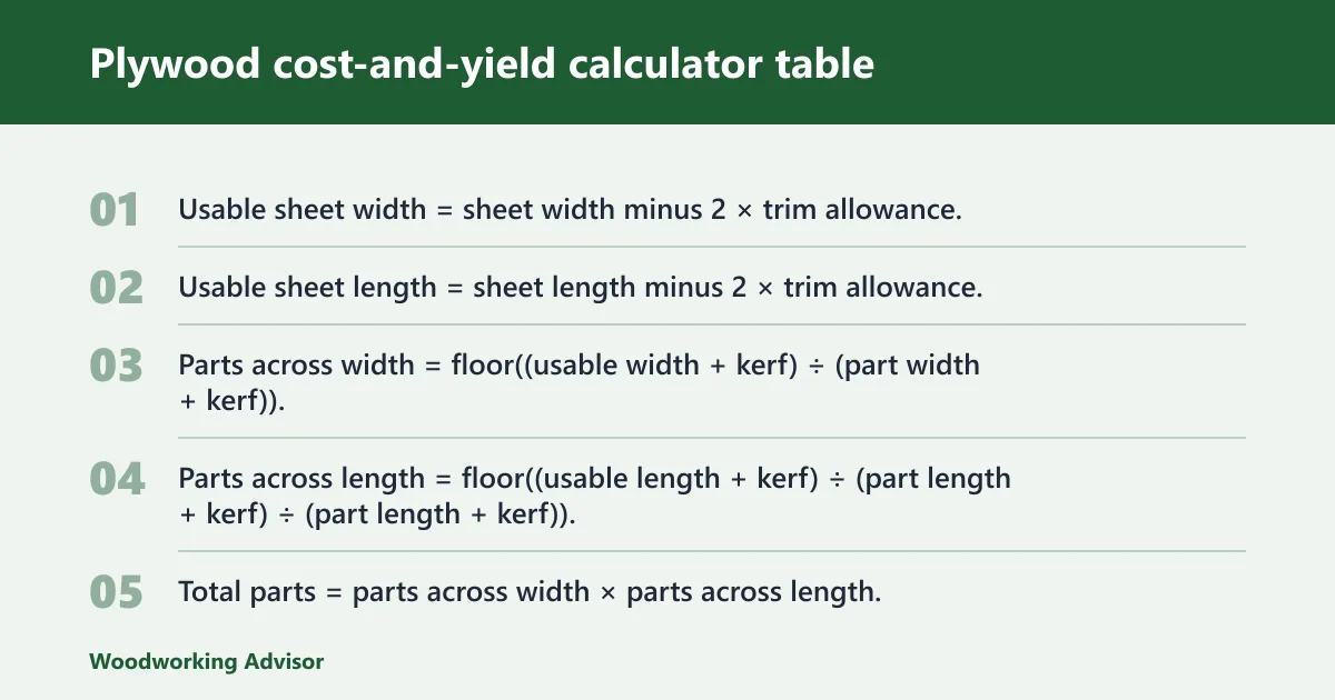 Steps: Plywood cost-and-yield calculator table