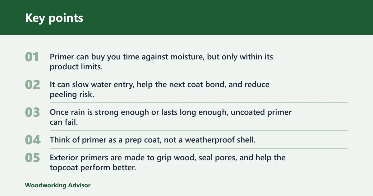 Key points: Will primer protect wood from rain?