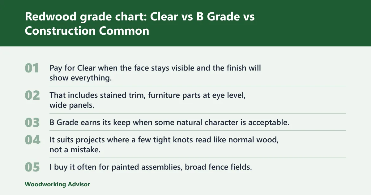 Steps: Redwood grade chart: Clear vs B Grade vs Construction Common