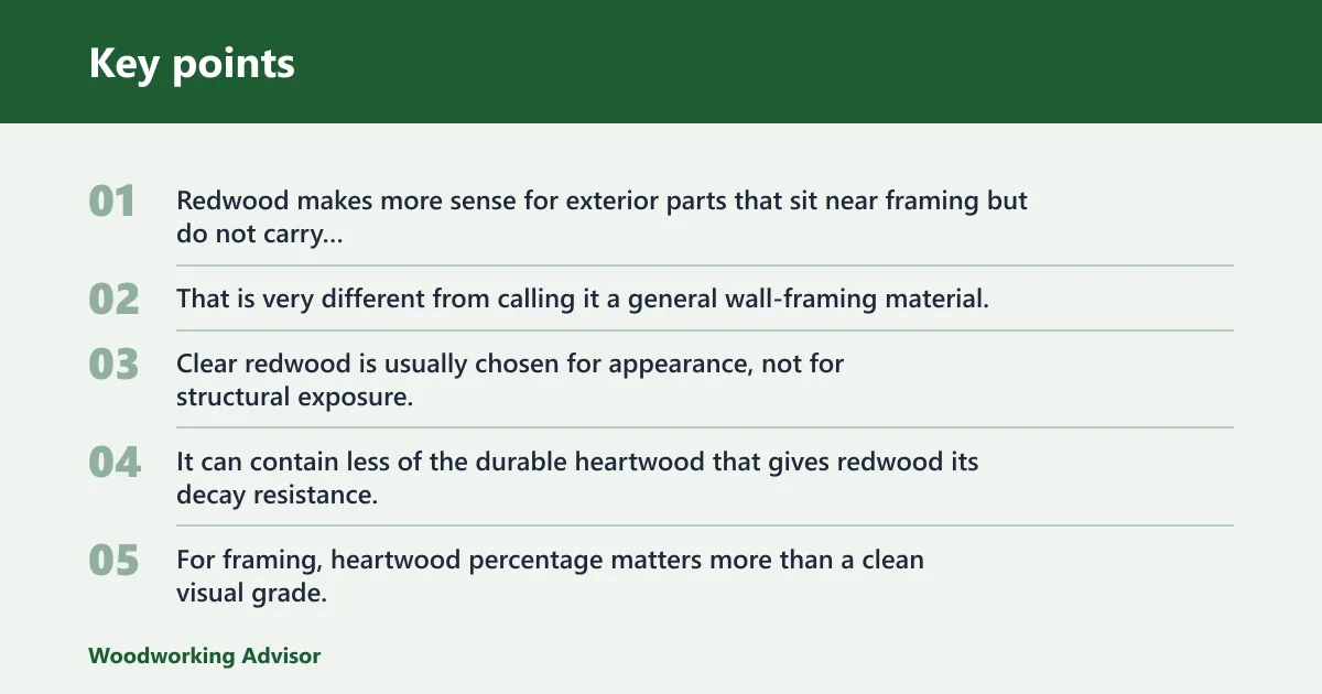 Key points: Can you use redwood for wall framing?