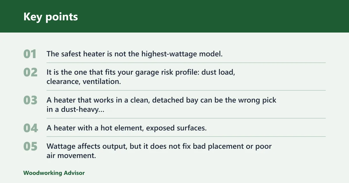 Key points: Garage workshop heater safety: the main trade-off