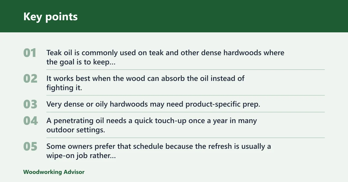 Key points: Teak oil: when a penetrating finish makes sense