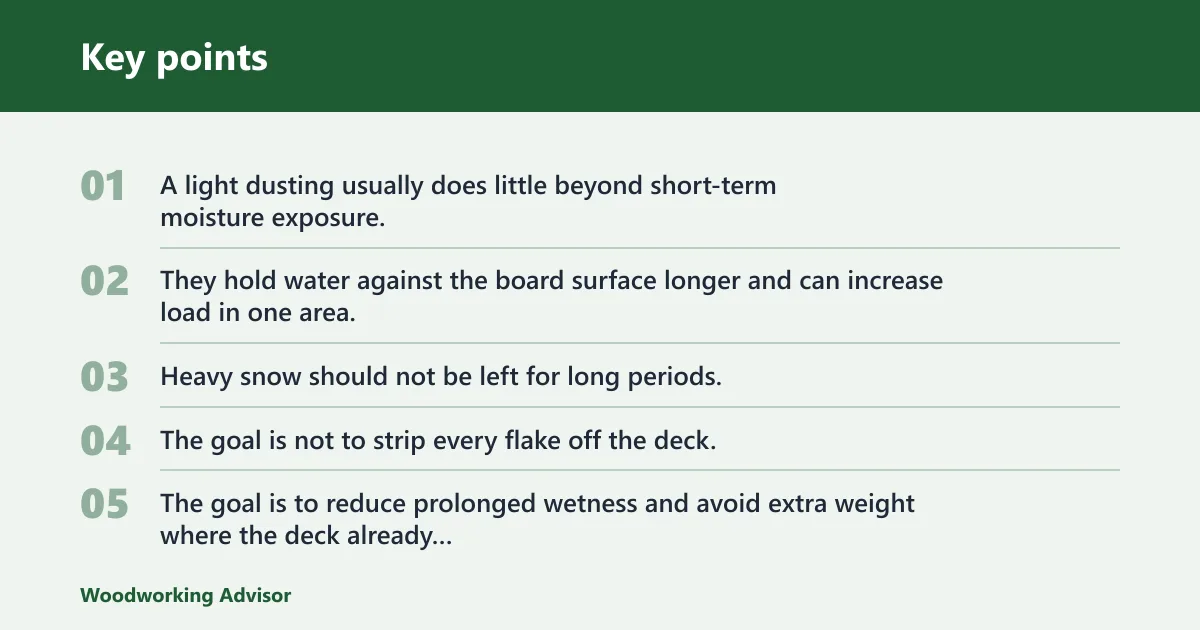 Key points: Snow, meltwater, and ice on bare wood