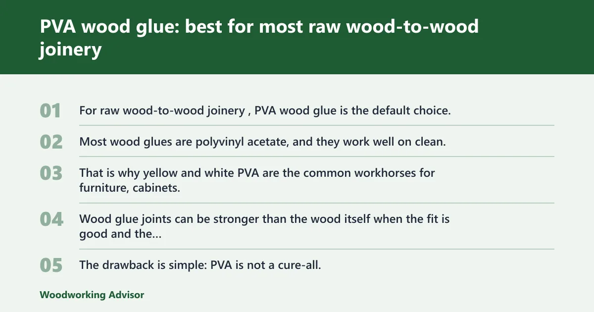 Steps: PVA wood glue: best for most raw wood-to-wood joinery