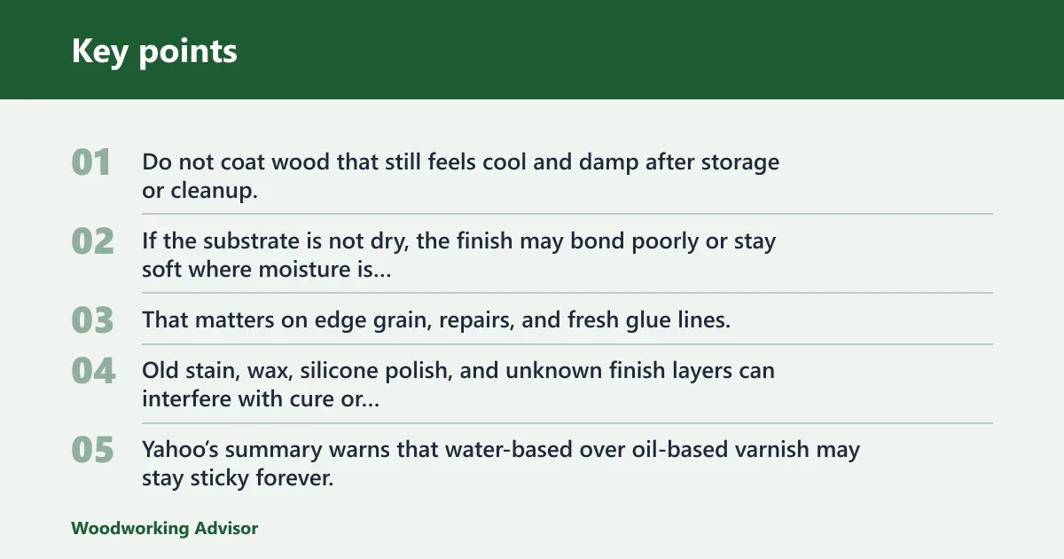 Key points: Sticky varnish from moisture or contamination