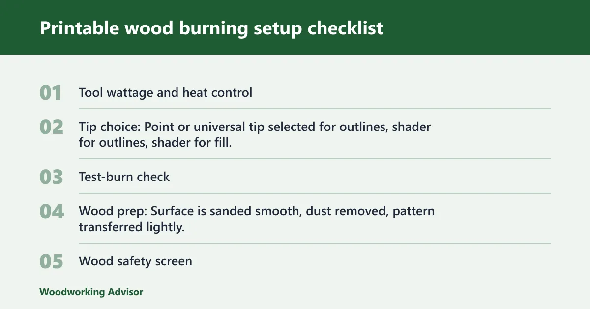 Steps: Printable wood burning setup checklist