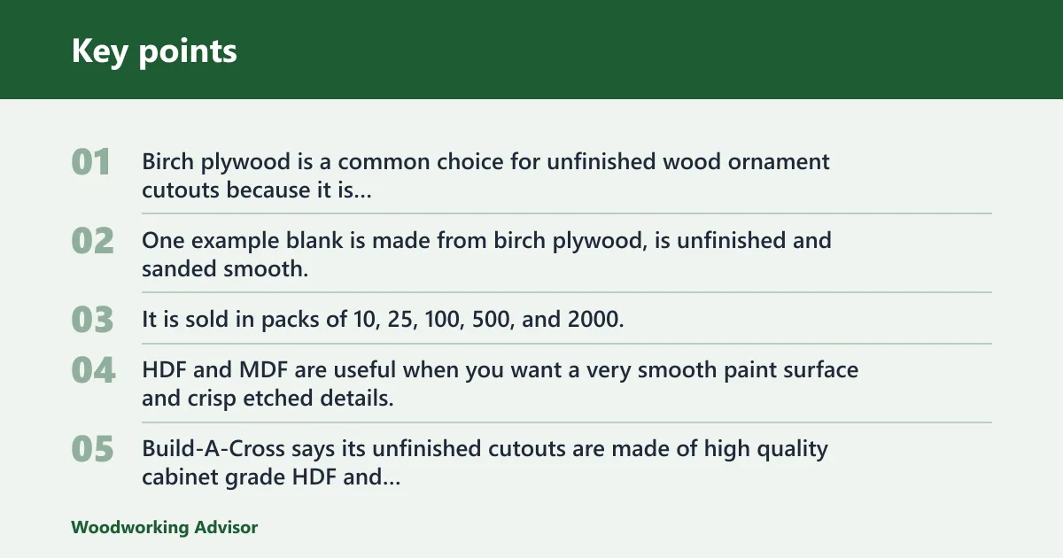 Key points: Wood ornament blanks by material and thickness