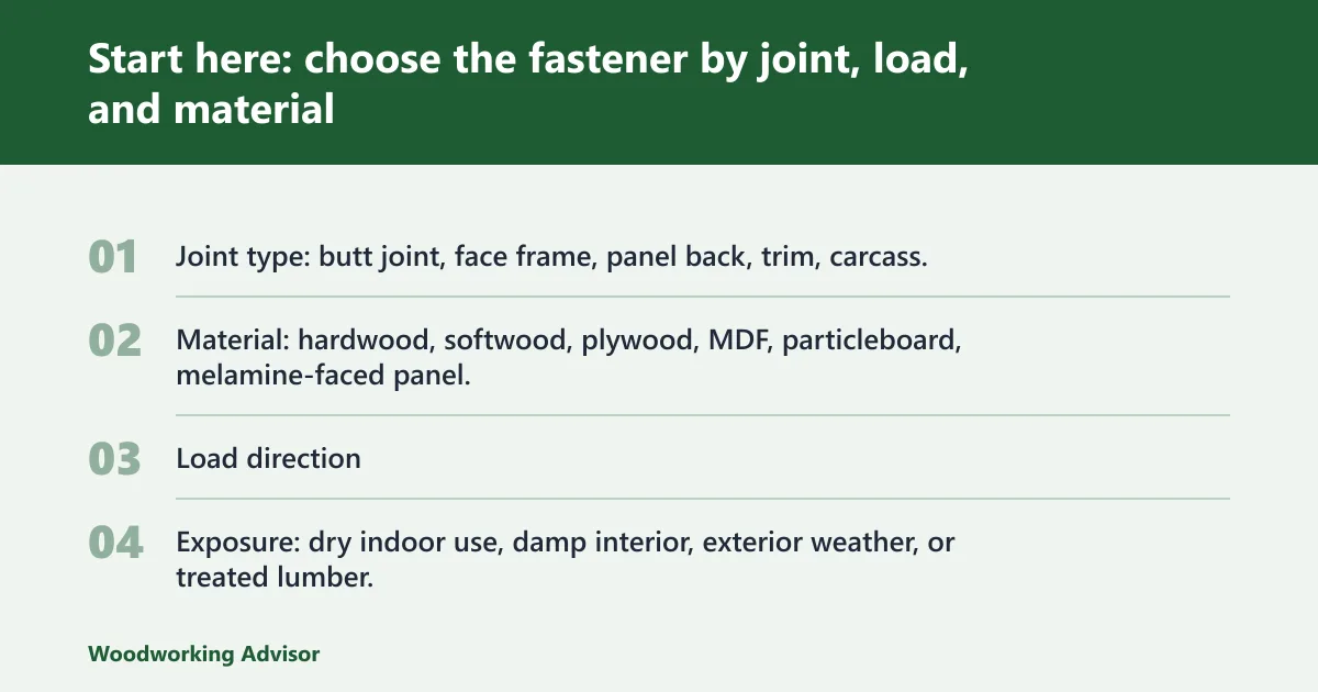 Steps: Start here: choose the fastener by joint, load, and material