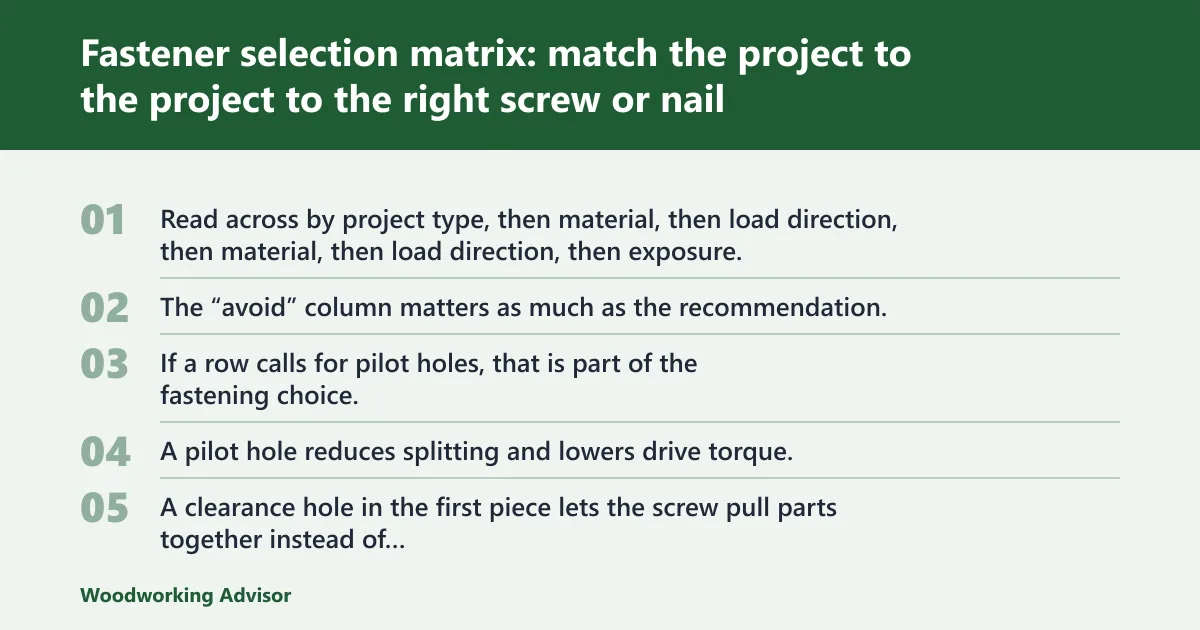 Steps: Fastener selection matrix: match the project to the right screw or nail