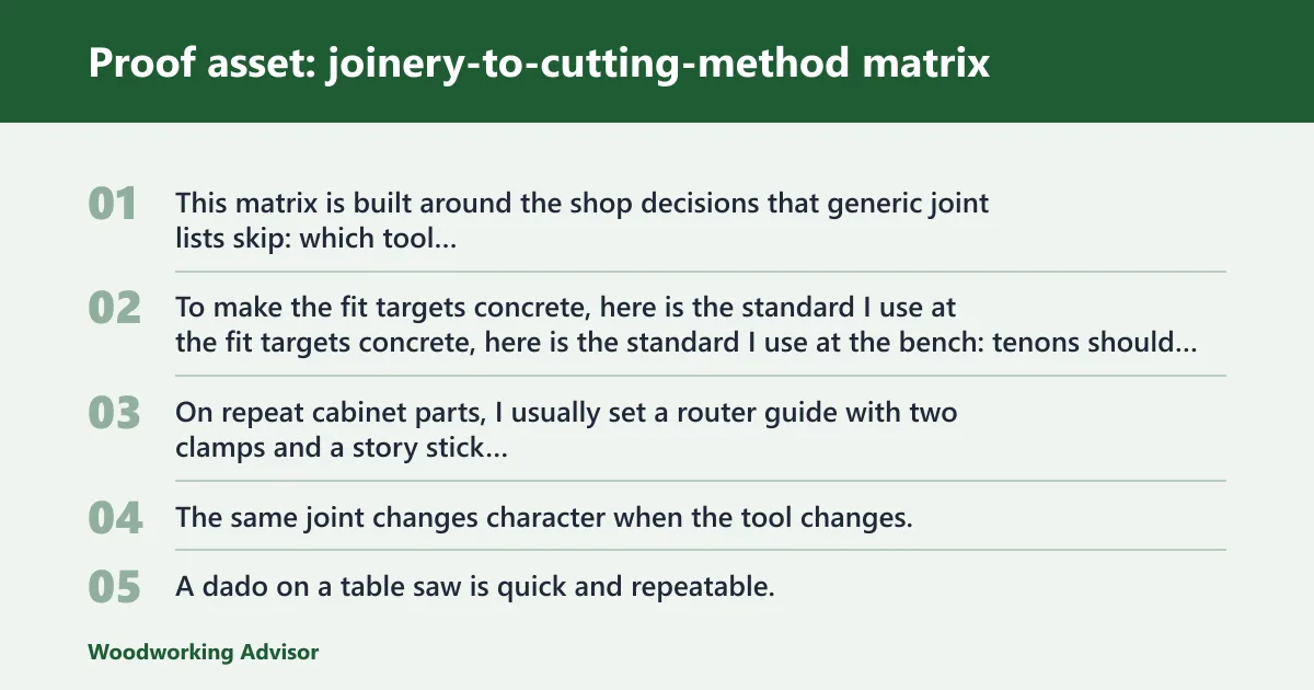 Steps: Proof asset: joinery-to-cutting-method matrix