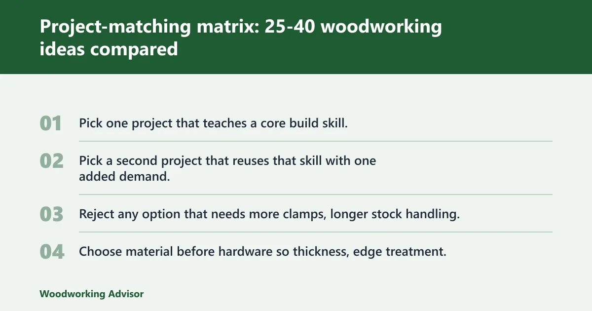 Steps: Project-matching matrix: 25-40 woodworking ideas compared