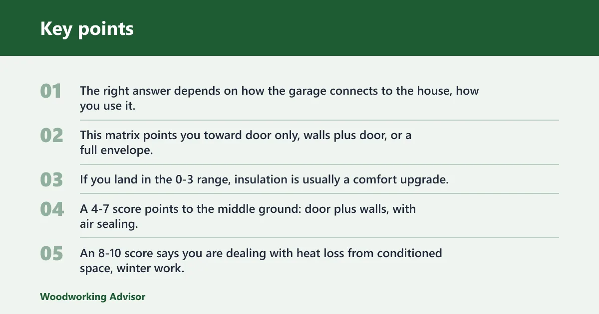 Key points: Garage insulation decision matrix